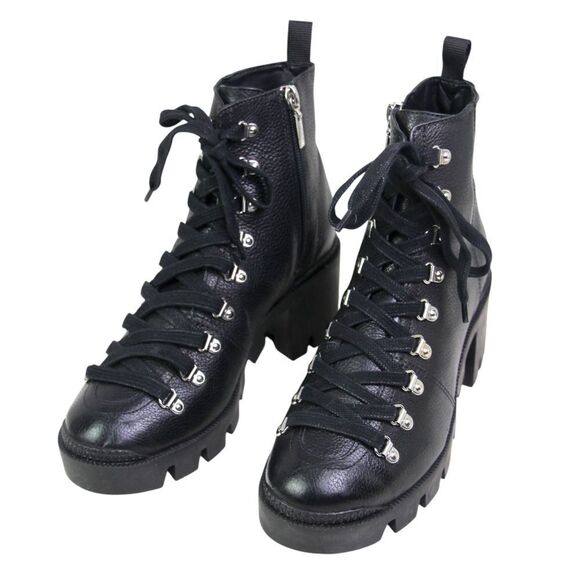 Schutz BLACK GENUINE LEATHER MID HEEL LACE UP ZIP ROUND TOE ANKLE BOOTS Sz 6.5B - Picture 2 of 9